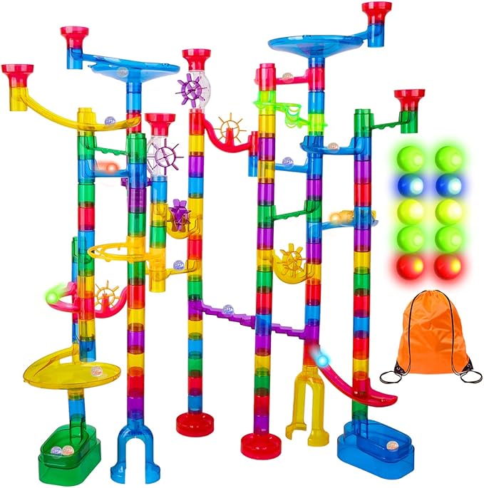 Meland Marble Run Sets for Kids - 153Pcs Marble Race Track Maze Madness Game STEM Building Tower Toy for 4 5 6 + Year Old Boys Girls(113 Pcs + 30 Glass + 10 Led Lighted)