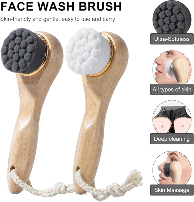 2 Pcs Face Scrubber with Wooden Handle, Facial Cleansing Brushes Face Wash Brush for Deep Pore Cleansing and Exfoliating, Ultra Soft Bristles Manual Dry Brush for Face Care