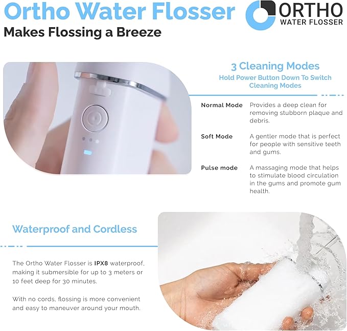 Ortho Water Flosser – Cordless, Collapsible Water Flossers for Teeth and Braces, IPX8 Waterproof, Rechargeable Teeth Cleaning Tools, 3 Modes 360° Nozzle, Travel Essentials Flossers for Adults & Kids