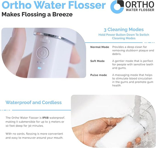 Ortho Water Flosser – Cordless, Collapsible Water Flossers for Teeth and Braces, IPX8 Waterproof, Rechargeable Teeth Cleaning Tools, 3 Modes 360° Nozzle, Travel Essentials Flossers for Adults & Kids