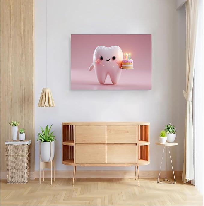 SchindlerBang Teeth Medical Canvas Prints,Cartoon Tooth Celebrating with Cake,Fun Dental Clinic Decor,Office Art,or Kids' Room,Vibrant Style,16x20inch Ready to Hang