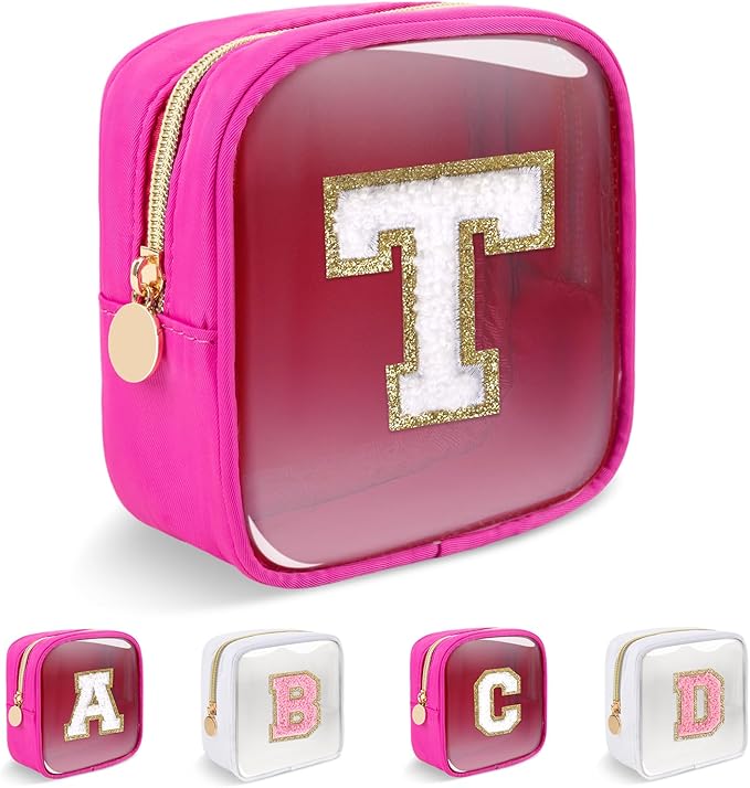 Personalized Initial Letter Clear Preppy Makeup Bag,Mini Nylon Chenille Letter Cosmetic Bag Cute Zipper Pouch Coin Purse for Teen Girls,Portable TSA Approved Travel Essentials Bag Gift for Women,T