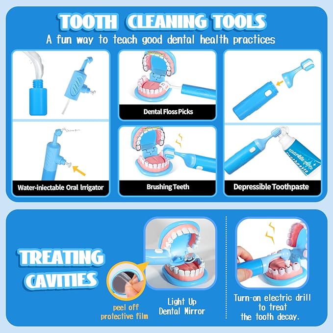Dentist Playset for Boys with Oversized Pretend Teeth /Removable Teeth /Braces /Retainer - Kids Doctors Play Set - Teeth Model for Teaching - Role Play Toys for Kids 4-6 (Blue)
