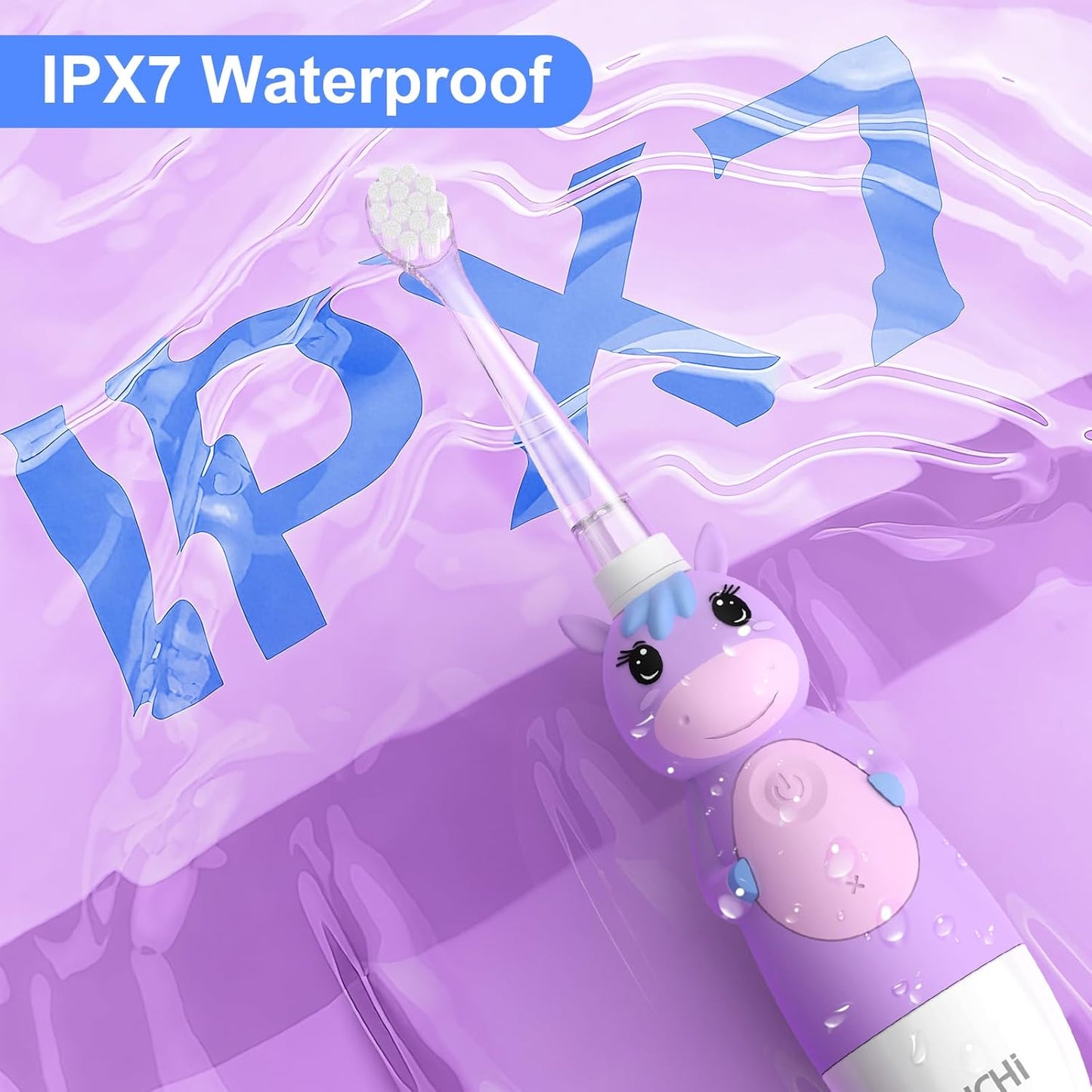 YUNCHI Toddler Electric Toothbrush Kids 0-3-6 Years, Baby Electric Toothbrush with Colorful LED Light, Battery Powered Toddler Toothbrush with 2 Minutes Timer 4 Brush Heads, Infant Toothbrush (Purple)