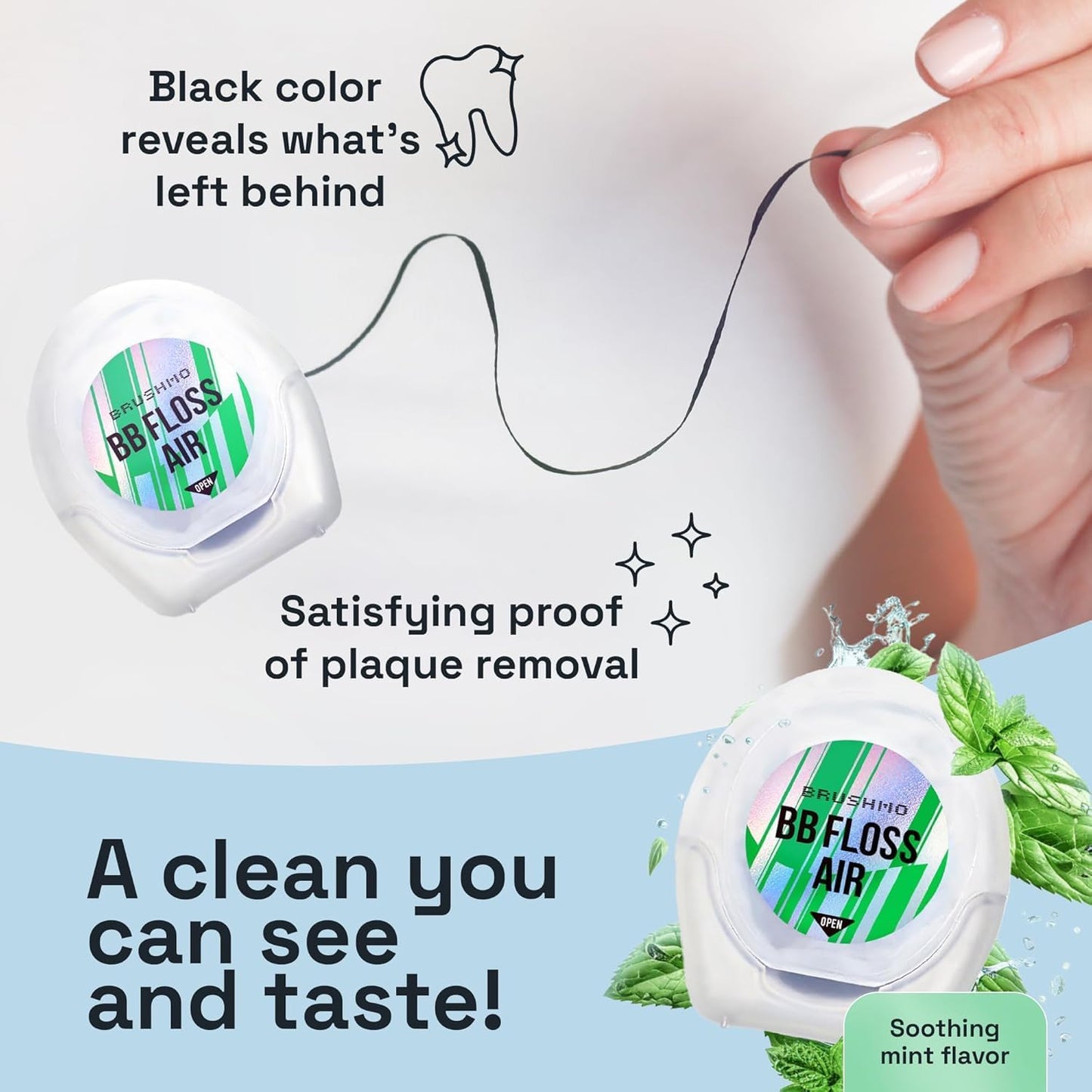 Brushmo Black Floss Air (BB Floss Air) - Ultra Soft & Thin Expanding Gum-Friendly Soothing Mint Dental Floss, Natural Wax Helps Remove Plaque from Teeth, Dentist Designed PTFE & PFAS Free, 110 yd