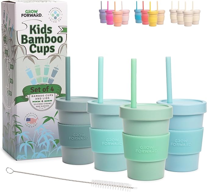 Grow Forward Bamboo Kids Cups with Lids and Straws - 10oz Drinking Cups for Kids with Childproof Twist Lids & Silicone Straws - Eco Friendly, BPA Free, Non Toxic & Dishwasher Safe - Rainforest