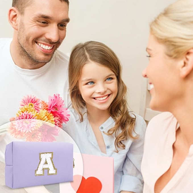 Personalized Makeup Bag Initial A-Z Preppy Patch Bag,Small PU Leather Travel Cosmetic Bag Pouch with Zipper,Purple Cute Toiletry Bag,Gift Ideal for Teen Girls Women Birthday Friend Mom,Latter A