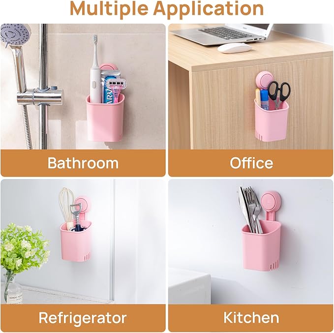 LEVERLOC Powerful Suction Cup Toothbrush Holder, Drill-Free Wall Shower Holder for Toothbrush, Toothpaste, Razor, Self-draining Kitchen Tableware Organizer, Removable Suction Cup in Shower, Pink