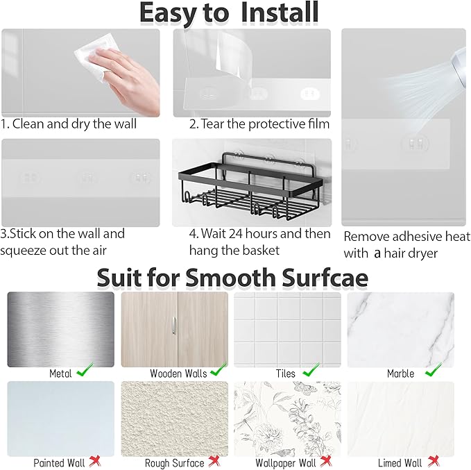 5 Pack Shower Caddy Organizer Rack Shelf for Inside Shower, Adhesive Bathroom Wall Storage Basket Rustproof Stainless Steel Shampoo Holder, Bathroom Accessory Decor Set, Black.