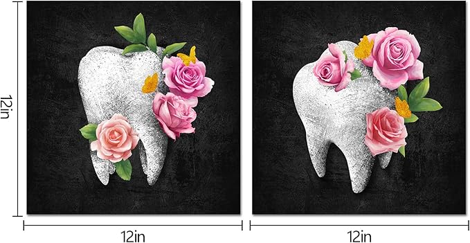 HOMEOART Dental Office Decor Black and Pink Bathroom Decor Painting Dentist Office Decor Kids Bathroom Decoration Framed Artwork, Ready to Hang 12"x12"x2 Panels