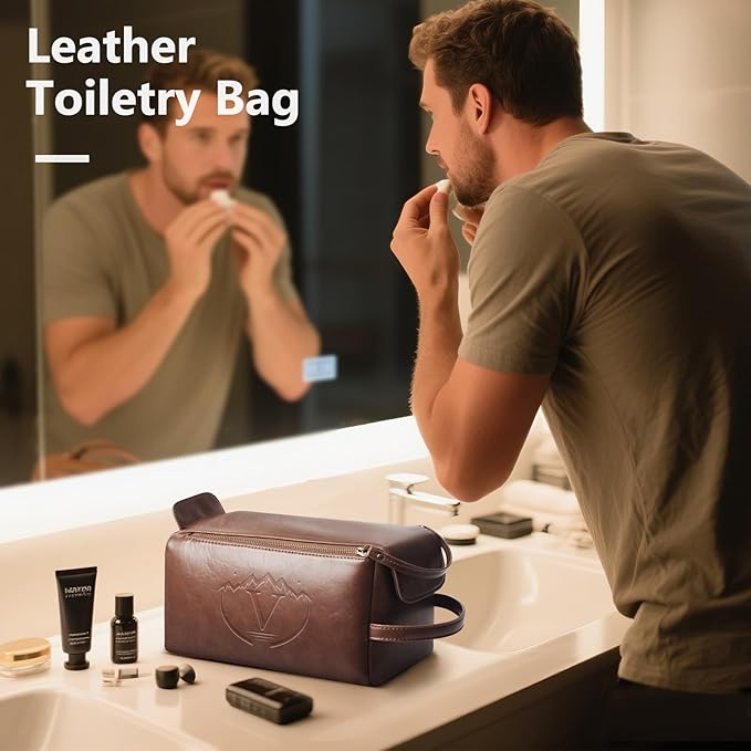 Personalized Toiletry Bag for Men,Initial Mens Toiletry Bags for Traveling,Men Travel Toiletries Bag,PU Leather Shaving Bag for Toiletries Accessories kit,Dark Brown V