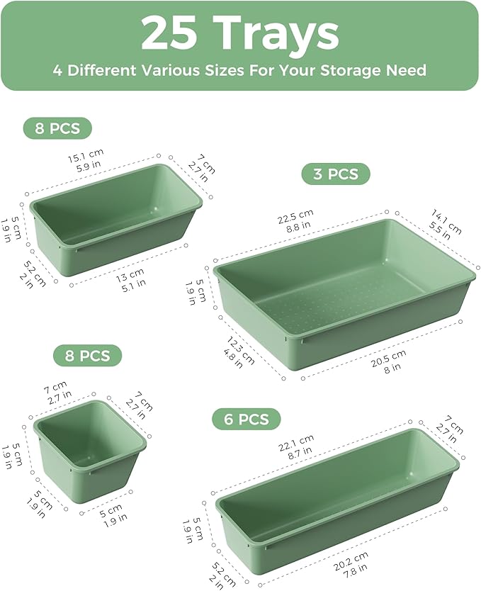25 PCS Plastic Drawer Organizers Set, 4-Sizes Vanity and Makeup Organizer, Desk and bathroom Drawer Organizer Trays, Organizers and Storage for Makeup, Jewelry, Gadgets, Utensils (Green)