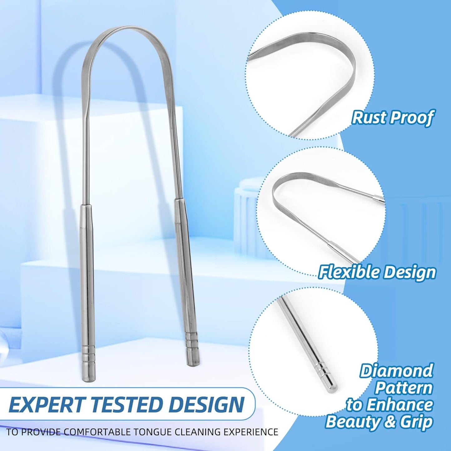 6 Pack Tongue Scraper - Reusable & Easy to Clean Tongue Scrubber with Travel Case for Adults & Kids - Medical-Grade 100% Stainless Steel Tongue Cleaner for Fresh Breath & Oral Care