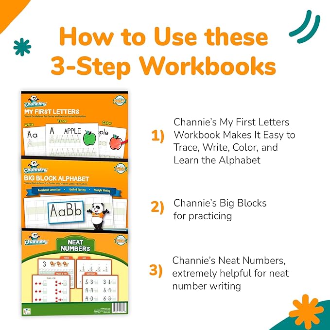 Channie's PreK Kindergarten Handwriting Visual Alphabets & Numbers Learning & Tracing Workbooks, 3 Pack - Alphabet & Numbers Preschool Workbook for Homeschool and After School