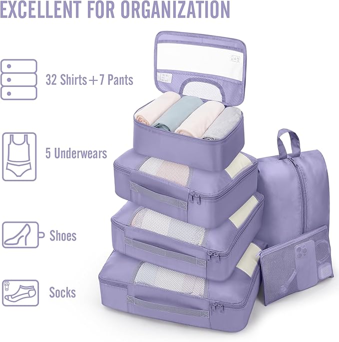 Veken 8 Set Packing Cubes for Travel Essentials, Suitcase Organizer Bags in 4 Sizes, Carry-On Luggage Accessories with Large Laundry & Hanging Toiletry Bag, Must-Have for Airplane, Road Trip & Camping