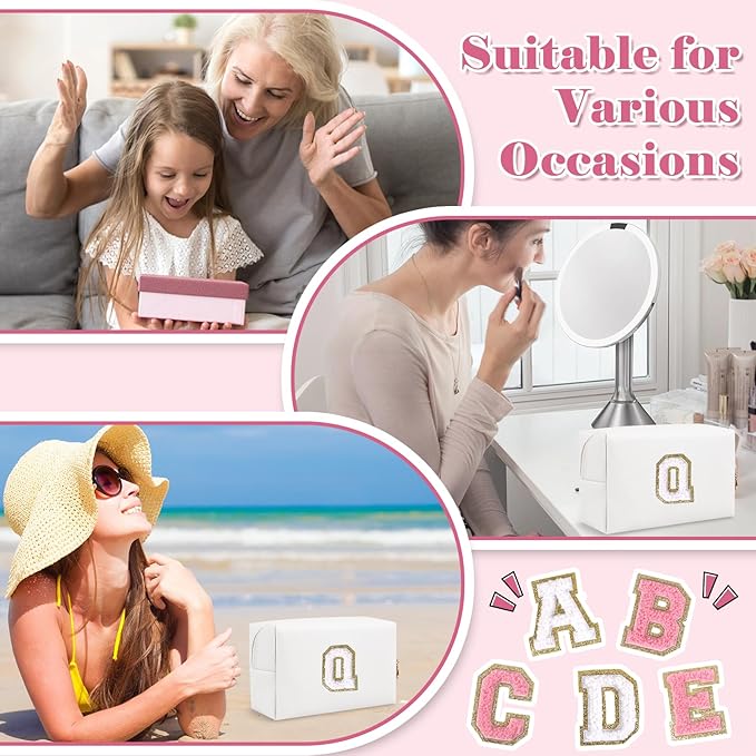 Small Personalized Initial A-Z Preppy Patch Makeup Bag,White PU Chenille Letter Travel Cosmetic Pouch with Zipper,Cute Toiletry Bag,Gift Ideal for Teen Girls Women Teacher Bridesmaid,Letter Q