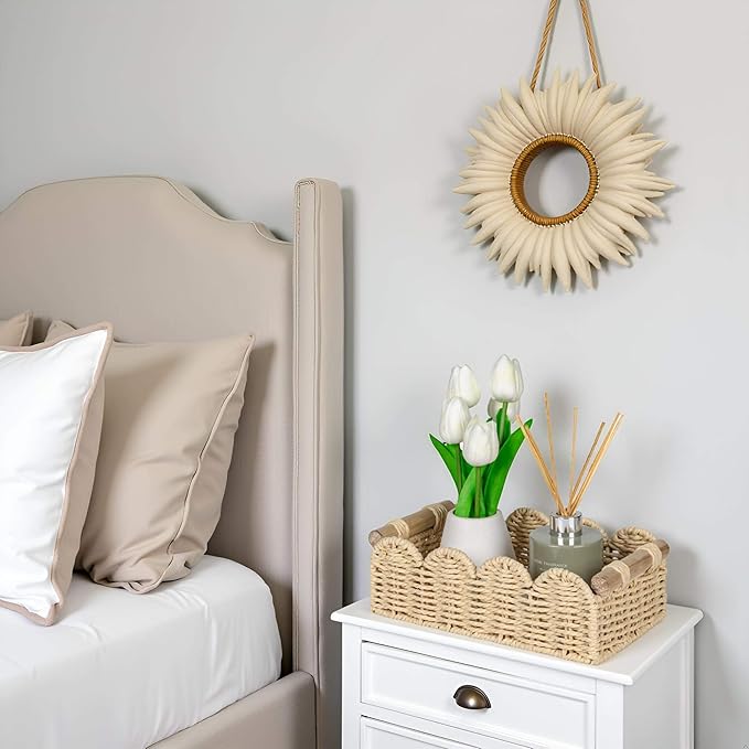 CubesLand Scalloped Decor Basket for Living Room, Home, Bathroom, 2SAME SIZE Paper Rope Basket, Toilet Storage Baskets for Over Toilet Storage Shelf, Cute Woven Basket Both Storage&Decor, Beige