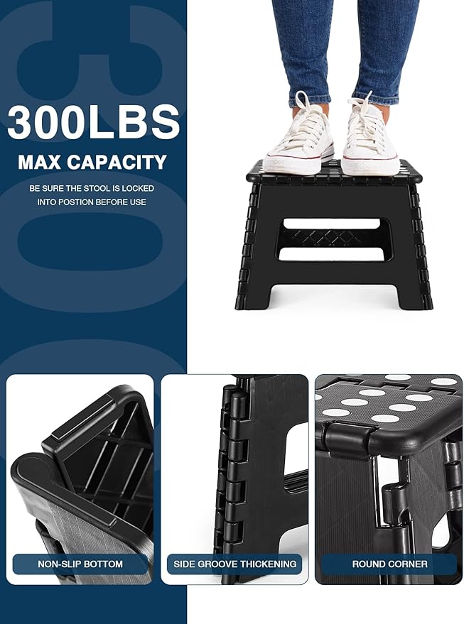 Dyforce 9 Inch Folding Step Stool for Kids and Adults, Collapsible Light-Weight Foot Stools Foldable for Toddler, Kitchen, Bathroom, 300 lb Capacity (Black)