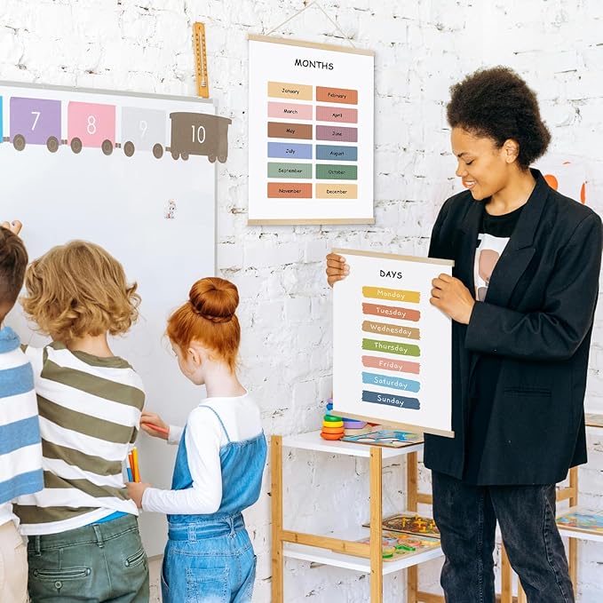 YOUHONG Classroom Decor Educational Posters Classroom Wall Art Kids Wall Art Learning Posters with Wooden Rods - Toddler Room Decor for Preschool, Homeschool (Easy Hang Rope Included) - 12x15.7 Inch