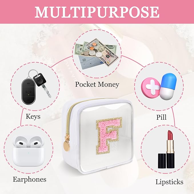 Mini Clear Personalized Initial Makeup Bag,Nylon Preppy A-Z Chenille Letter Patch Zipper Cosmetic Bag, Small Cute Beach Pouch Travel Purse Sanitary Napkin Storage Bag for Women Girls(White-Pink F)