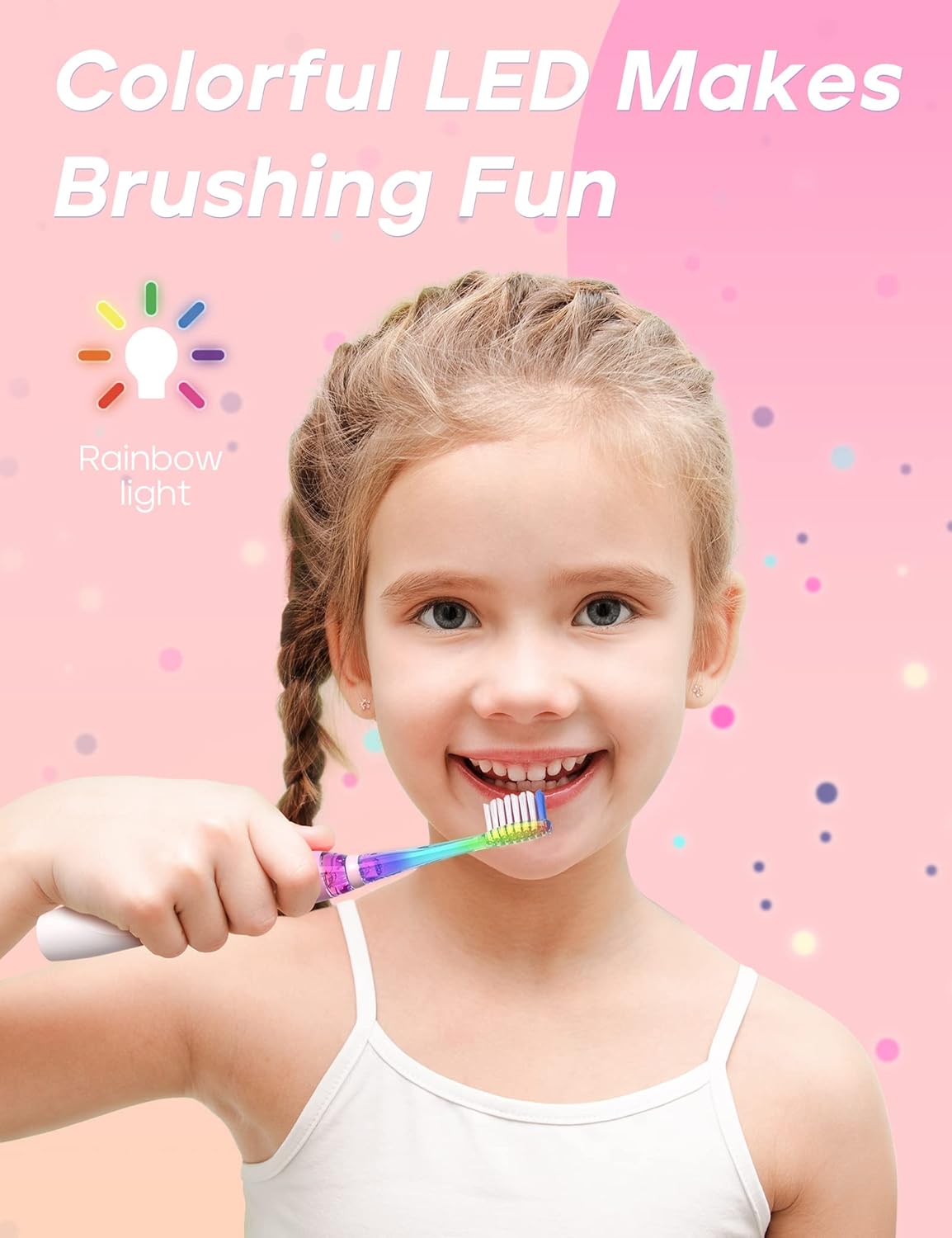 SEAGO Kids Electric Toothbrush with 2 Mins Timer and 4 Replacement Bursh Heads, Rainbow LED Light Make Brushing Fun, Pink Color Girls Battery Powerd for 4-12 Years Old，SG-977