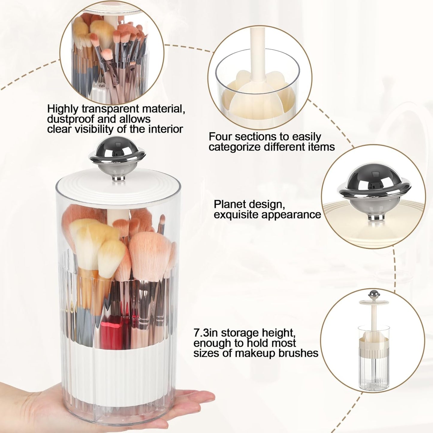 2 Pack Makeup Brush Holder with Lid Automatic Lifting Makeup Brush Organizer with Lid Dustproof & Waterproof 4-Compartment Clear Makeup Organizer for Vanity,Office,School,Dorm Room,Silver+Silver