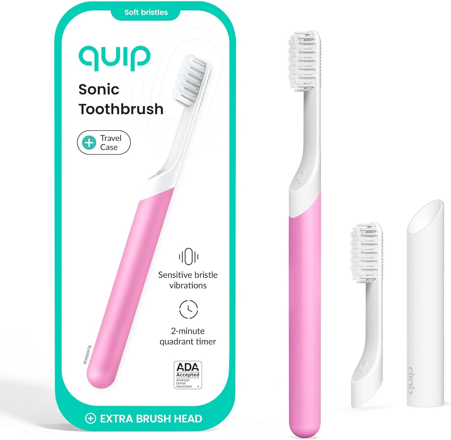 Quip Sonic Electric Toothbrush for Adults - Time Travel & Soft Bristles with Travel Case & Replacement Brush Head - 3 Month Battery Life, Plastic Handle - Magenta