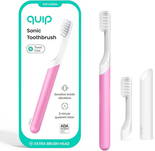 Quip Sonic Electric Toothbrush for Adults - Time Travel & Soft Bristles with Travel Case & Replacement Brush Head - 3 Month Battery Life, Plastic Handle - Magenta