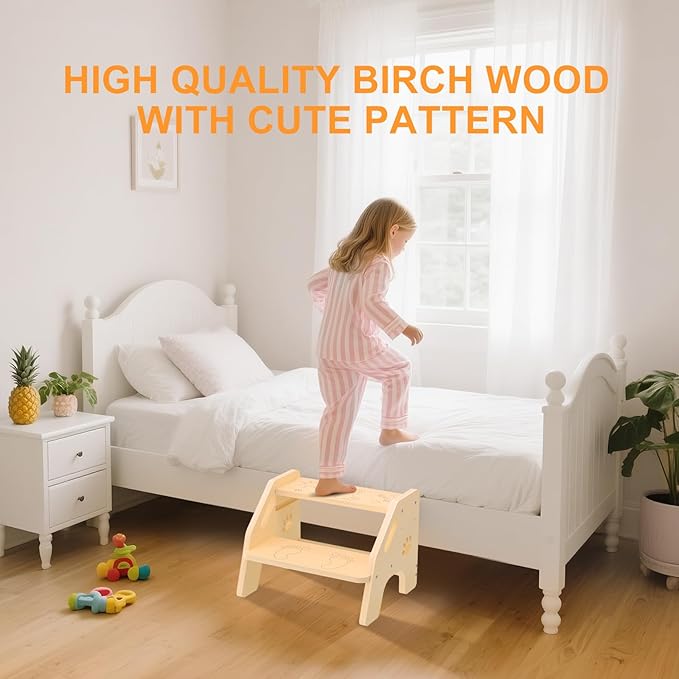Toddler Step Stool Wooden 2 Step - Height Adjustable Bathroom Sink Helper with Non-Slip Rubber Feet and Cute Design - 300lbs Support Step Stool for Toddlers Kids Baby Use in Kitchen or Toilet