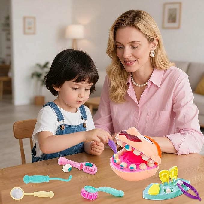 Dentist Color Dough Set, Dental Tools Kit Drill and Fill, Doctor DIY Playset Toys for Kids Toddlers 3 Years and Up, Art & Craft Gift with Moulds, Models, 5 Non-Toxic Color