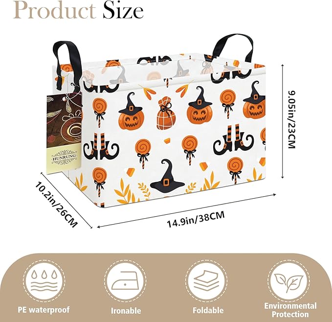 HUNRUNG Rectangle Storage Basket Cute Canvas Organizer Bin for Pet/Children Toys, Books, Clothes Perfect for Rooms/Playroom(REC-Candy Pumpkin)