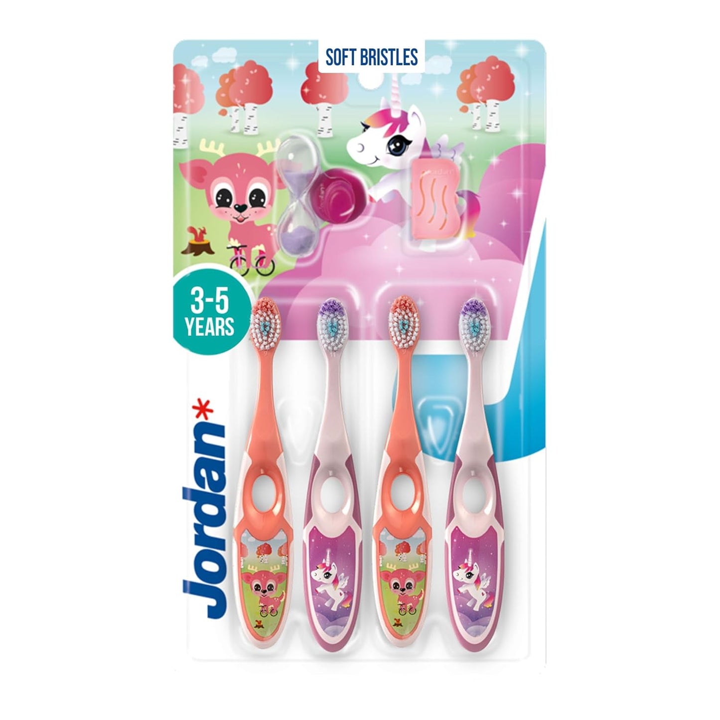 Jordan* Step 2 Kids Toothbrush, 3-5 Years, Soft Bristles, BPA Free (4 Pack) Pink & Yellow