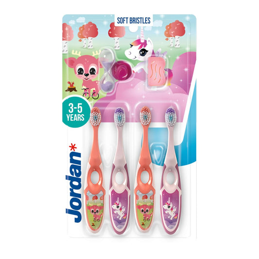 Jordan* Step 2 Kids Toothbrush, 3-5 Years, Soft Bristles, BPA Free (4 Pack) Pink & Yellow