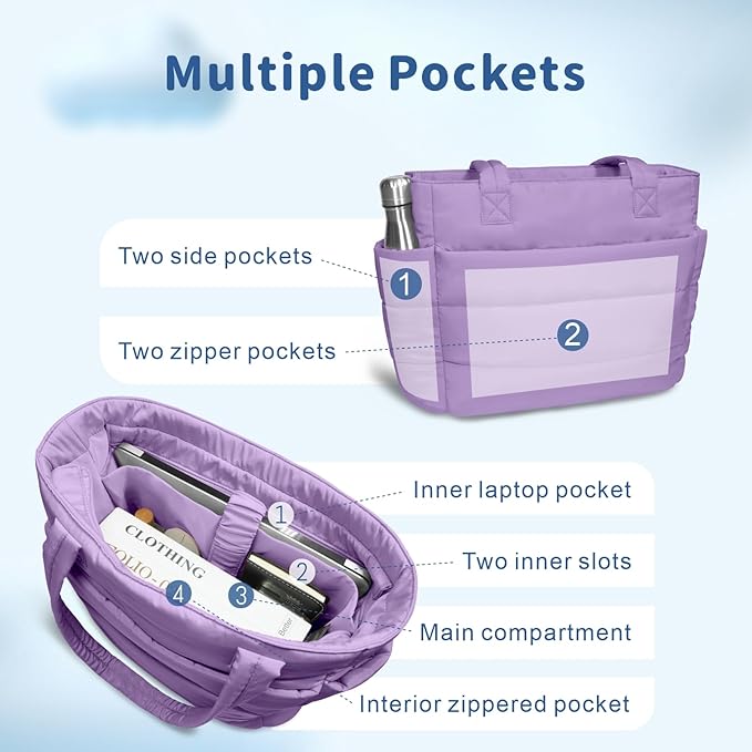 TOPDesign Puffer Tote Bag for Women, Lightweight Puffy Handbag with Compartments, Quilted Shoulder Bag for Work, Travel, Gym