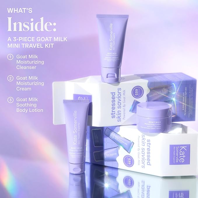 Kate Somerville Stressed Skin Saviors Travel Kit Goat Milk Cleanser, Cream, and Body Lotion Holiday Gift Set