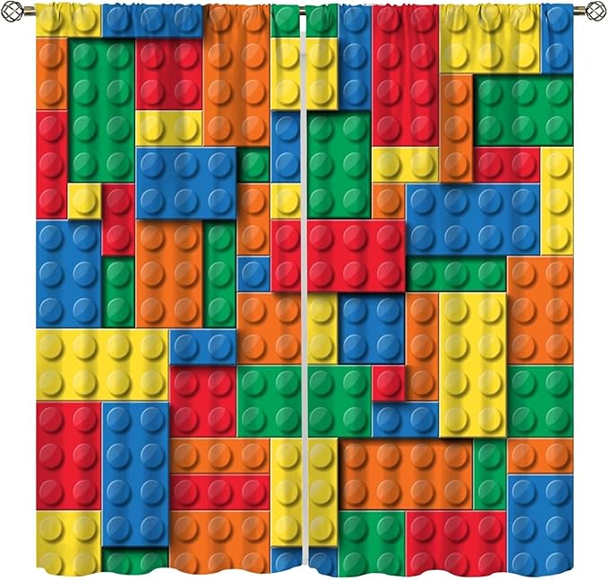 Kids Building Blocks Toy Curtains Children's Room Abstract Outline Colorful Plastic Toys Geometric Bricks Print Curtains for Boys Girls Nursery Curtains 42x45 Inches 2 Panels