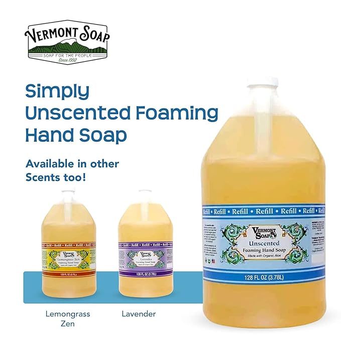 VERMONT SOAP Organics Foaming Hand Soap, Liquid Soap with Pre-diluted Formula - Ready to Use Simply Unscented Hand Soap With Convenient and Economical Gallon Refill Size