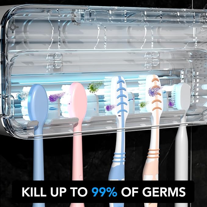 StarWin Toothbrush Cleaner, 5 Slots Wall Mounted Toothbrush Holder for Bathroom, Timer Function, Cordless & No Drilling