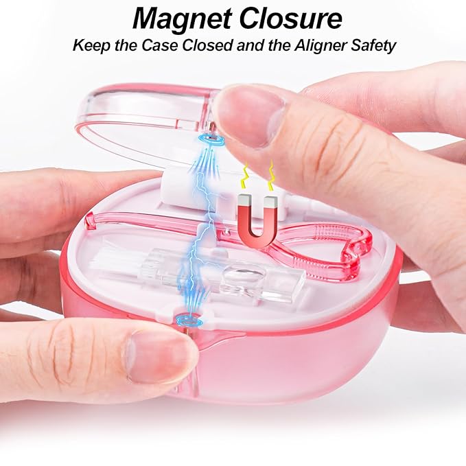 Pink Aligner and Retainer Case Double-layer Cute Slim Braces Night Mouth Guard Case with Remover Tool, Chew and Cleaning Brush, Built in Mirror Orthodontic Dental Retainer Container