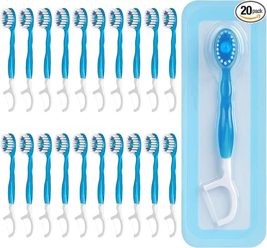 20 Count Disposable Toothbrushes with Toothpaste Individually Wrapped, 5-in-1 Pre-Pasted Mini-Brush+Floss+Pick+Tongue Scraper, On The Go Toothbrush with Freshening Bead, Coolmint