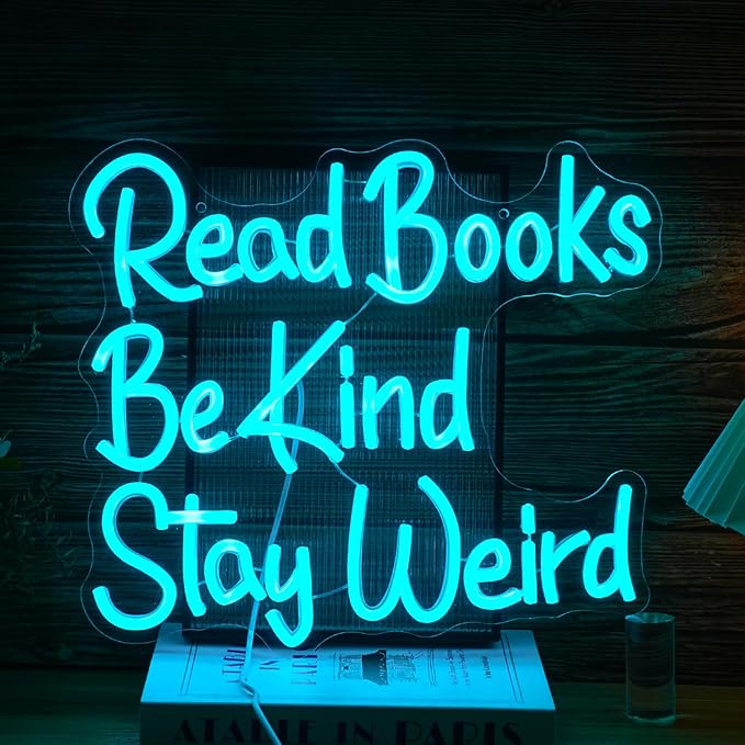 Read Books Be Kind Stay Weird Neon Sign Dimmable Ice Blue Read Books Led Neon Light for Wall Decor USB Powered Be Kind Light Up Sign for Classroom Study Room Bookstore Home Wall Decor