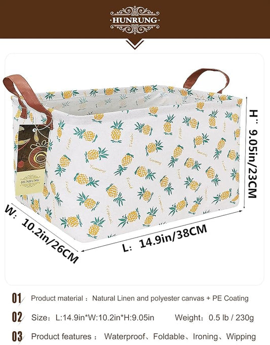 HUNRUNG Rectangle Storage Basket Cute Canvas Organizer Bin for Pet/Children Toys, Books, Clothes Perfect for Rooms/Playroom(Rectangle Pineapple)