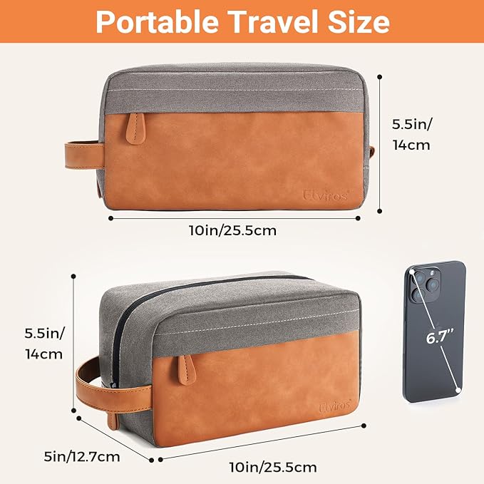 Elviros Travel Toiletry Bag for Men, Hanging Toiletries Bag Water Repellent Dopp Kit PU Leather Travel Bag for Toiletries Accessories, Grey