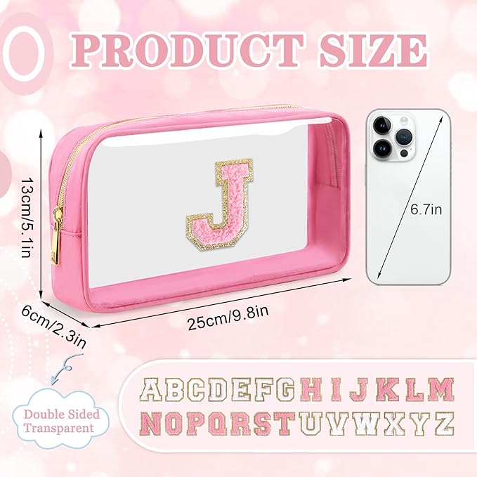 Small Clear Personalized Initial Makeup Bag,Nylon Preppy A-Z Chenille Letter Patch Cosmetic Pouch Beach Toiletry Bag,Waterproof Zipper Travel Purse Storage Bag Organizer for Women Girls(Pink-Pink J)