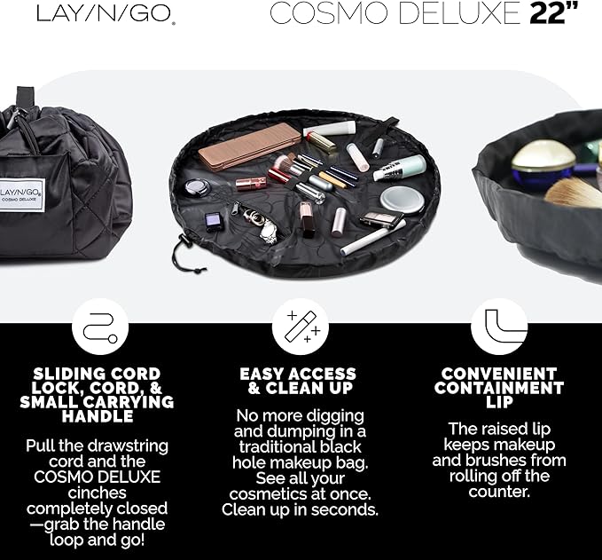 Lay-n-Go Cosmo Layflat Cosmetic & Makeup Bag Organizer - Portable Drawstring Bag w/Zipper Pocket, Brush Storage Loops & More - Durable, Machine Washable Toiletry Bag for Travel (22", Black)