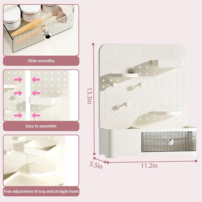 Makeup Organizer for Vanity, Aesthetic Cosmetic Storage Rack with Drawer and Pegboard Hooks, Adjustable Shelves Skincare Organizer for Bathroom Countertop, Cream White