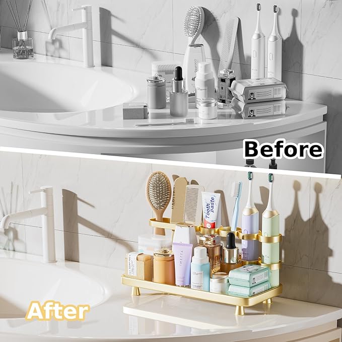 Electric Toothbrush Holder for Bathroom Countertop 5 Metal Slots Toothpaste Razor Mouthwash Organizer, Gold