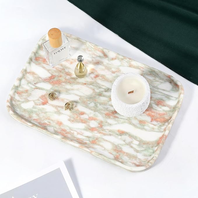 Koville Marble Tray, 12"x8" Marble Vanity Tray for Bathroom Kitchen Countertop, Rectangular Stone Tray for Cosmetics Perfume Trinket, Decorative Catchall Trays (Rosso Norvegian)