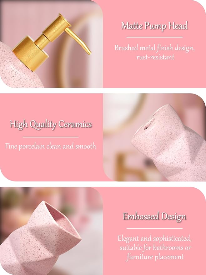 Bathroom Accessories Set,4 Pcs Bathroom Accessory Set,Includes Lotion Soap Dispenser,Toothbrush Holder,Tumbler,Soap Dish,Ceramic Bathroom Sets Complete,Bathroom Sink Set for Modern Home Decor(Pink)