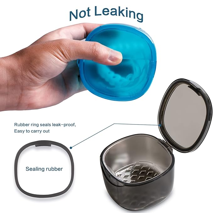 Upgraded Denture Bath Box Cup, No-Leak Denture case,Retainer Cleaning Box, Complete Clean Care for Dentures, Clear Braces, Mouth Guard, Night Guard & Retainers (transparent grey)